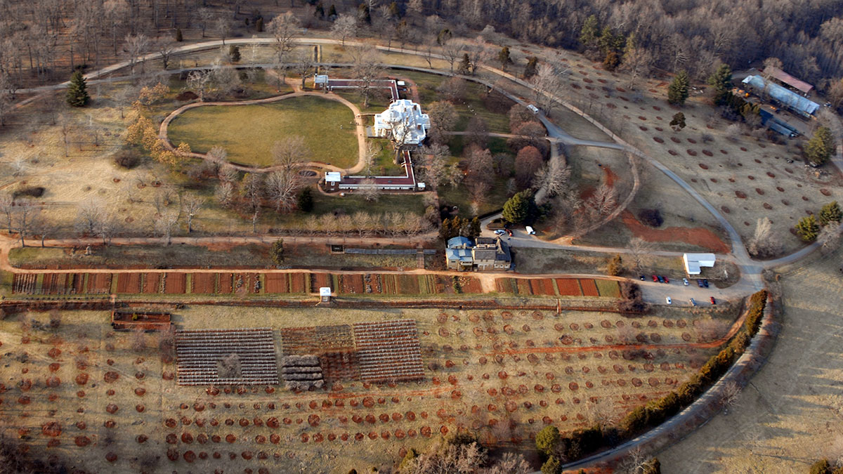 Aerial of Monticello mountain in winter showing the South and North Orchards Aerial of Monticello mountain in winter showing the South and North Orchards