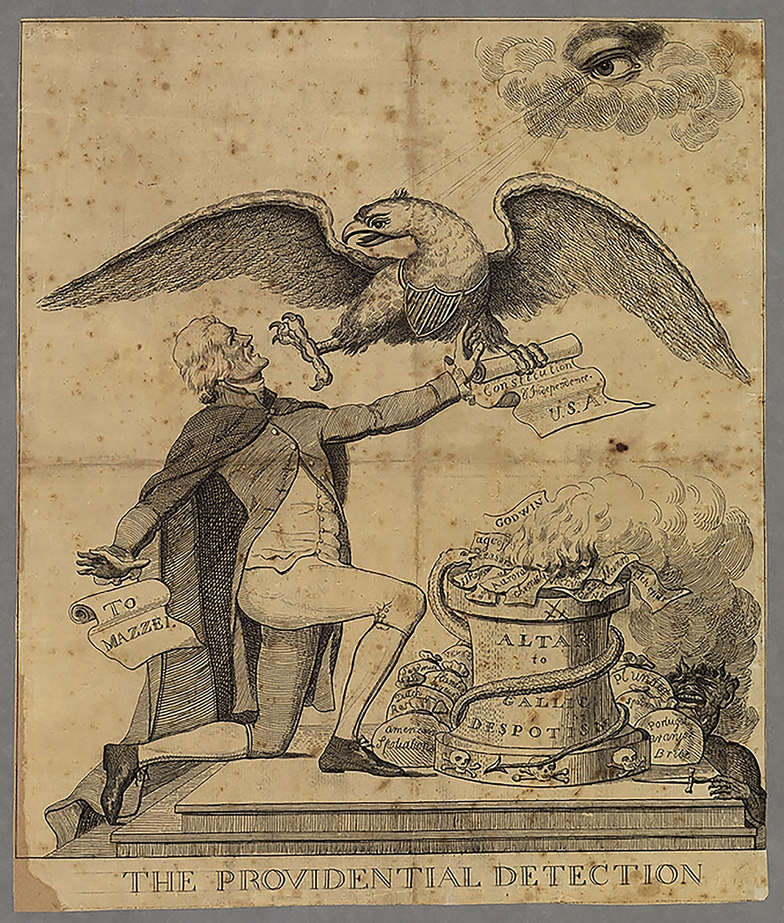Political cartoon showing an eagle attacking Jefferson as he is about to throw the U.S. Constitution onto a fire.
