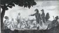 Engraving from 'The Journals of Patrick Gass: Member of the Lewis and Clark Expedition' Captains Lewis and Clark holding a Council with the Indians